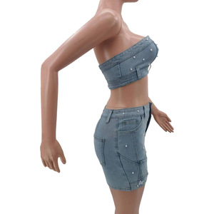 2024 nueva moda tubo Top y minifalda verano mujeres Denim trajes conjunto sin tirantes Crop Top mujer 2 piezas falda conjunto - Product Image 3