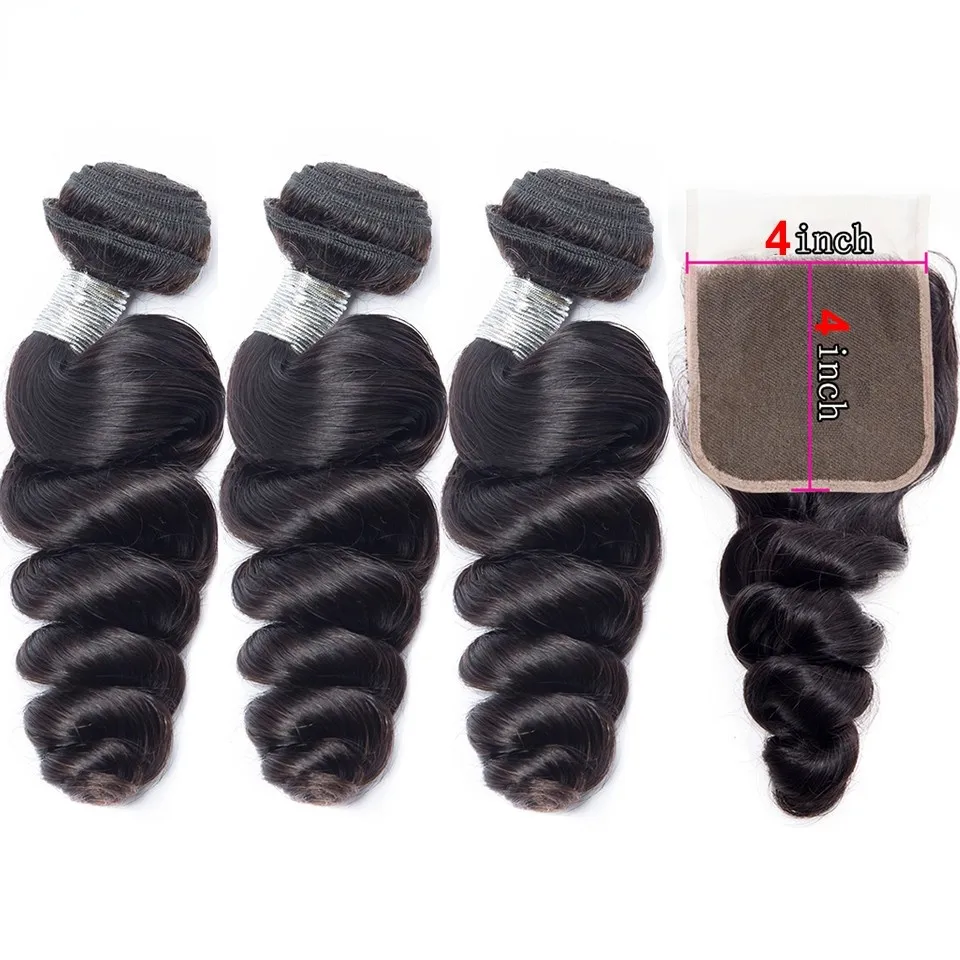 Loose Wave 3/4 Bundles and Closure Set Peruvian Human Hair Weave Bundles With 4x4 Lace Closure Set Human Hair Extension