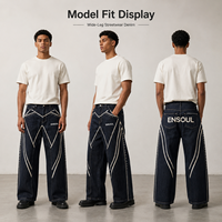 Jean en denim taille haute 16oz coupe large bleu foncé délavé avec logo brodé, rivets et passepoil blanc – Style streetwear baggy