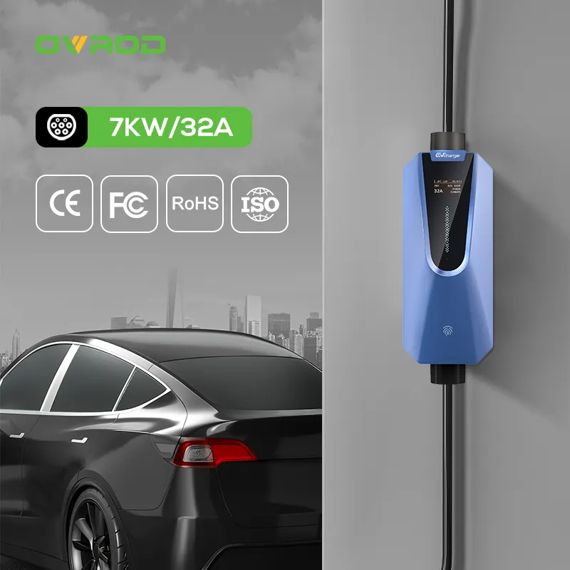 Ovrod 32A 7Kw elektrikli araç şarjı 1 fazlı Ip65 Ev arabalar için taşınabilir şarj tipi 2 elektrikli şarj araba istasyonu Ev şarj