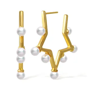 Wholesale Jewelry Gold Plated Star Shape Hoop Pearl Earrings Gold for Women Brass Vintage Drop Earrings Copper Vintage Jewelry