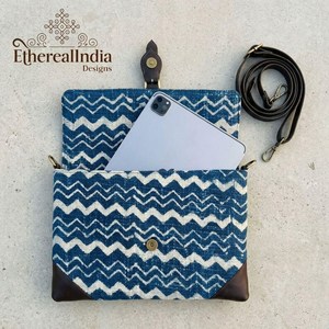 Blue Ikat Block Print Sling Bag Wholesale Boho Chevron Cotton Crossbody Purse Handmade <b>Shoulder</b> Bag Export India - Product Image 1