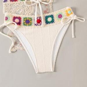 Summer Beach Women's Resort Floral Pattern Ribbon Patchwork Halter Neck Sexy <b>Bikini</b> <b>Set</b> - Product Image 3