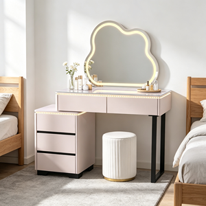 Coiffeuse rose moderne avec miroir LED en forme de nuage, meuble de rangement et tabouret pour chambre à coucher - Product Image 4