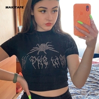 Camiseta Corta Y2K para Mujer, Estilo Punk Vintage, con Gráfico de Araña y Diamantes de Imitación, Ajustada, Cuello Redondo, Negra, Streetwear