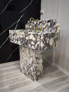 Lavabo Flotante de Mármol Natural de Lujo, Lavabo Integrado de Piedra, Encimera de Baño Montada en la Pared con Diseño Acanalado, Duradero - Product Image 5