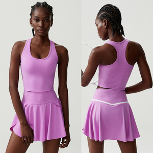 Conjunto Deportivo de Secado Rápido de Cintura Alta para Mujer, Top Corto con Cuello en U y Falda/Pantalones Cortos/Vestido de Tenis de Poliéster Elástico, Personalizable - Product Image 6
