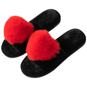 Chaussons d'intérieur chauds et tendance pour femmes, à bout ouvert, avec motif cœur en peluche et fourrure, pour la maison - Product Image 1