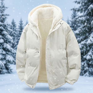 Chaqueta Acolchada Blanca para Hombre con Forro de Sherpa, Capucha, Cierre Completo con Cremallera, Interior de Felpa Cálida y Bolsillos Laterales - Product Image 3