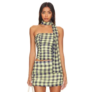 Mulheres Casual Gingham Xadrez 3 Peça Set Sexy Cecked Strapless Ruched Top Two Piece Mini Saia Set Com Lenço