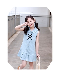ชุดเดรสเด็กผู้หญิงสไตล์พรีปปี้สีน้ำเงินติดโบว์ติดกระดุม ไม่มีแขน ราคาถูกจากอินเดีย ขายดีจากจีน - Product Image 3