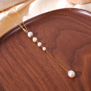Collier vintage élégant en acier inoxydable plaqué or 18 carats avec pendentif en perle d'eau douce naturelle en forme de Y pour un cadeau de la Saint-Valentin - Product Image 2