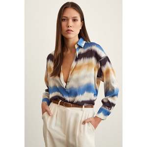 Camisa de gasa con estampado de acuarela para mujer, blusa azul informal con botones para uso diario - Product Image 6