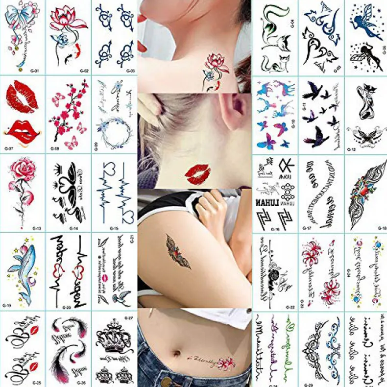 Temporäre Tattoos Winzige Tattoo-Aufkleber für Frauen Männer Kinder 30 Blatt Blumen wort Kleine Muster Wasserdichte Temp Tattoo