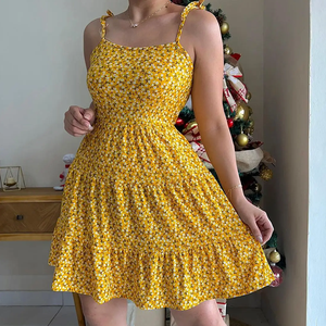 Robe midi décontractée d'été pour femme, col rond, manches courtes, taille élastique, coupe ample, imprimé floral à pois, en coton tissé respirant - Product Image 4