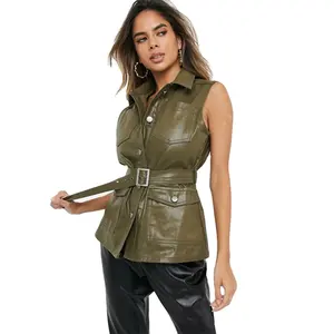 KY green Point collar Button placket Belted waist metallic coated gillet leather jacket sleeveless women leather vest