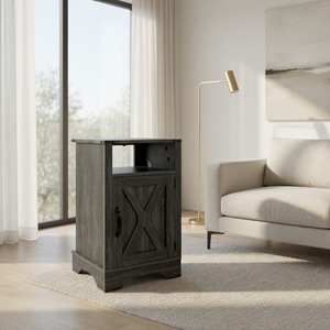 Comodino Grigio Scuro Stile Rustico 16 Pollici con Stazione di Ricarica e Armadietto Portaoggetti - Product Image 3