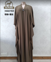Abaya Wanita Bergaya Retro Manis dengan Saku, Ruffle, Motif Leopard, Warna Solid, Lengan Bubble, Bahan Bernapas, Gaya Kasual