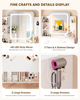 Bureau de maquillage en MDF blanc avec miroir éclairé, 2 tiroirs, étagères de rangement et support pour sèche-cheveux, couleurs personnalisées
