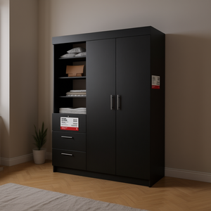 Armadio Nero a 3 Cassetti, Design Moderno in MDF, Ante a Battente, Mobile per Camera da Letto, Armadio Contenitore - Product Image 2