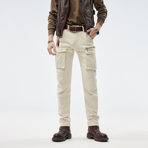 Jeans moto à poches multiples pour hommes, pantalon de motard de rue haute, blanc cargo, <span class=keywords><strong>jean</strong></span> slim stretch <span class=keywords><strong>beige</strong></span> avec fermeture éclair - Product Image 4