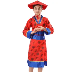 Groothandel Meisje Japanse Ninja Cosplay Speelt Kostuum Rode En Blauwe Lange Jurk Met Hoed Riem Drie Stuks Dans Podium Uit Te Voeren Kostuum