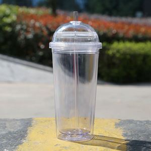 20oz <b>Reusable</b> Double Wall Clear Plastic <b>Straw</b> Cup Portable Student Water Cup Lightweight for School Travel Presents - Product Image 4