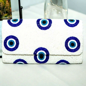 Bolso de mano rectangular con cuentas blancas y diseño de ojo turco, arte folclórico, decoración artesanal hecha a mano - Product Image 1