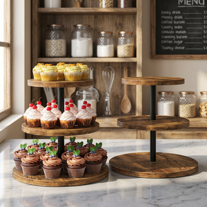 Support à cupcakes rustique à 3 niveaux en bois avec des tiges métalliques robustes Plateau de présentation de desserts durable pour les fêtes, les mariages et la décoration de la cuisine - Product Image 1