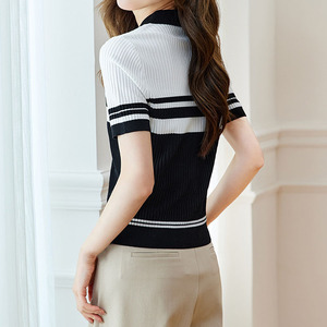 Haut à <span class=keywords><strong>manches</strong></span> <span class=keywords><strong>courtes</strong></span> et col rabattu à rayures de printemps pour femmes - Product Image 2