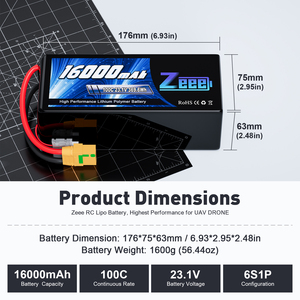 Zeee fpv סוללה <span class=keywords><strong>6s</strong></span> 23.1v 16000mah 100c lihv אורך חיים ארוך lipo סוללה lipo עבור צילום אווירי תעשייתי חקלאי - Product Image 2