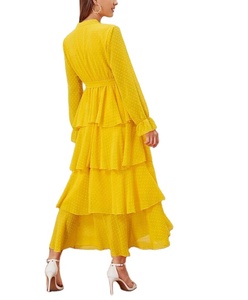 Robe élégante jaune à pois superposée avec volants et ceinture pour <span class=keywords><strong>femme</strong></span>, coupe midi décontractée, taille haute, fluide, légère, style vintage pour l'été - Product Image 3