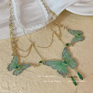 סגנון תאווה טהור נישה נשי סגנון יער מתוק מגניב שרשרת תחרה פרפר ירוק שרשרות בטן אופנתיות - Product Image 3