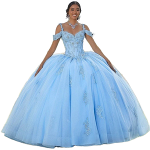 Mumuleo sevgiliye boyun çizgisi dantel aplikler kapalı omuz korse Lce mavi quincedress elbise - Product Image 1