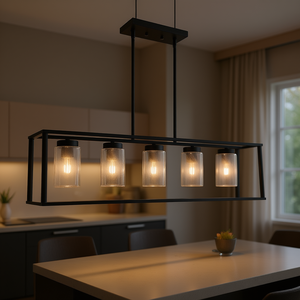 โคมไฟเพดานอุตสาหกรรมสมัยใหม่ 5 ดวง โคมแก้วสีดำด้านทรงสี่เหลี่ยมผืนผ้า สำหรับห้องรับประทานอาหารและโคมไฟเหนือเคาน์เตอร์ - Product Image 2