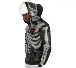 KY New Design Skeleton Rhinestone All Over Print Full Face Zip up Leather Hoodie Custom-full-face-zip-Hoodie Jacket