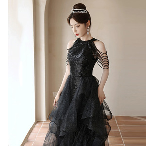 Black Evening Gown Women Halter Neck Empire Waist Asymmetric Tulle Long Dress Coming Of Age Ceremony 830 - Product Image 2