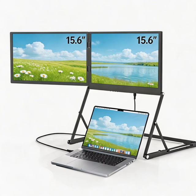 15.6"Folding Stacked Triple Laptop Screen Extender, USB-C Plug & Play Travel Extended Computer Display for Laptop PC Windows Mac