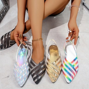 Women Rainbow Metallic Mesh Slingback Flat <b>Sandals</b> Pointed Toe <b>Elastic</b> Strap Summer Party Ladies Shoes - Product Image 1