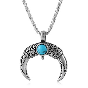 Pendentif en acier inoxydable yunnique en forme de dent d'animal avec incrustation de turquoise, collier de style punk pour hommes - Product Image 1