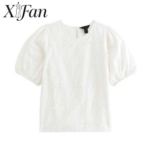 Blusa de Mujer con Mangas Abullonadas, Estilo Retro Francés, Bordado Calado, Diseño Personalizado de Fábrica, Moda Casual de Verano - Product Image 6