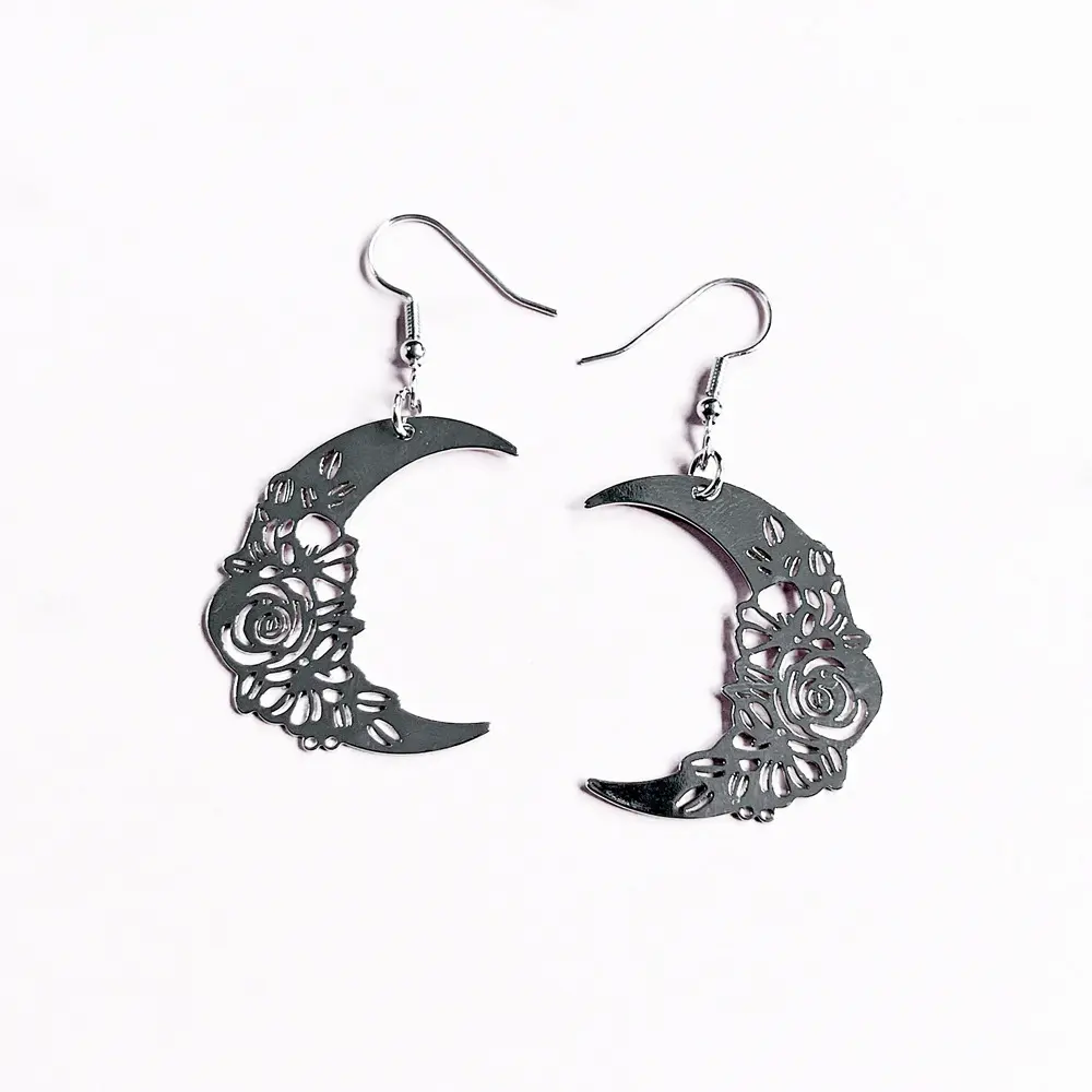 Boho jewelry Moon Pattern Rose flower Filigree Earrings Punk Gothic Crescent Moon fishhook Earrings wholesale jewelry