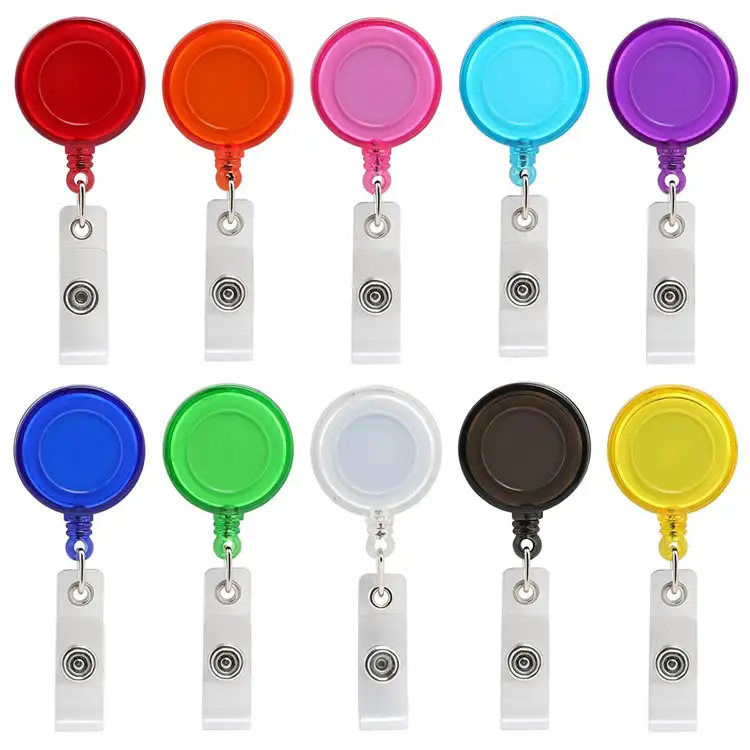 Carretel de emblema retrátil de plástico, cores sortidas, embalagem personalizada, barras, molinete, clipe em chaves de suporte de id