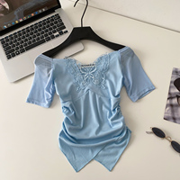 Chemisiers d'été pour femmes à manches courtes, en dentelle, avec patchwork papillon, col en V, coupe ajustée, chemisiers courts élégants pour le bureau