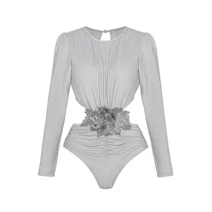 Silver sparkling embroidery cut-outs slim waist three-dimensional flower women's long-sleeved swimsuit and wrap skirt set