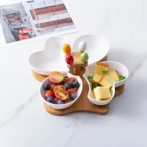 白色独特设计瓷盘水果小吃碗套装竹架陶瓷小吃盘