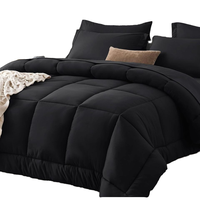 Ensemble de literie complet 7 pièces noir taille Queen comprenant couette, drap plat, drap-housse, taies d'oreiller et housse de couette