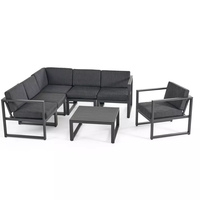 Terrassenmetall 7-teiliges schwarzes Aluminium-Lounge-Set Außenmöbel mit wasserdichtem dunkelgrauen Kissen Gartensofa-Set
