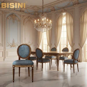 Silla de Comedor sin Brazos de Estilo Provincial Europeo, Estructura de Madera Hecha a Mano, Decoración Dorada, <span class=keywords><strong>Asiento</strong></span> de Terciopelo Azul Vintage Suave, Silla Lateral Confortable - Product Image 5