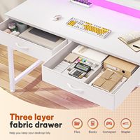 Bureau d'ordinateur ergonomique avec 2 tiroirs en tissu, poche latérale, support de moniteur, table d'étude et d'écriture, bureau de jeu blanc